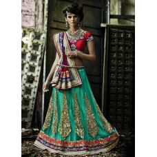 Charismatic Green Colored Embroidered Georgette Net Lehenga Saree